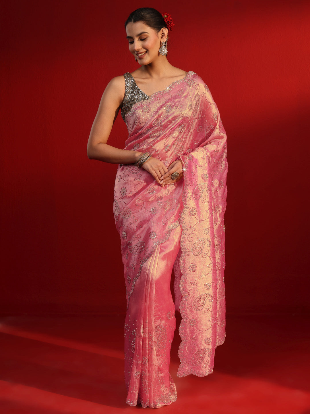 Libas Art Pink Stone Work Embellished Tissue Saree
