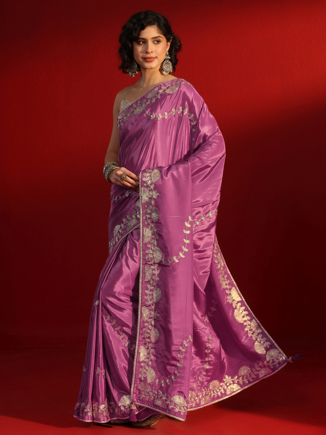 Libas Lavender Embroidered Sequinned Satin Saree