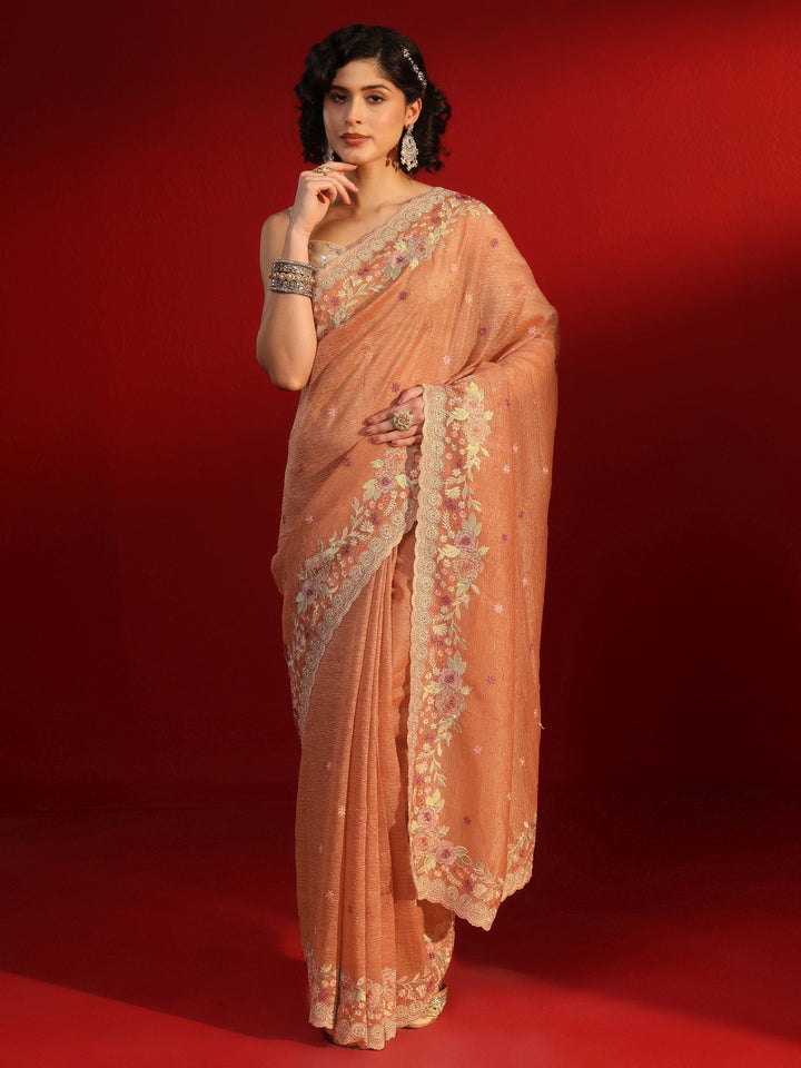Libas Art Peach Floral Embroidered Tissue Saree