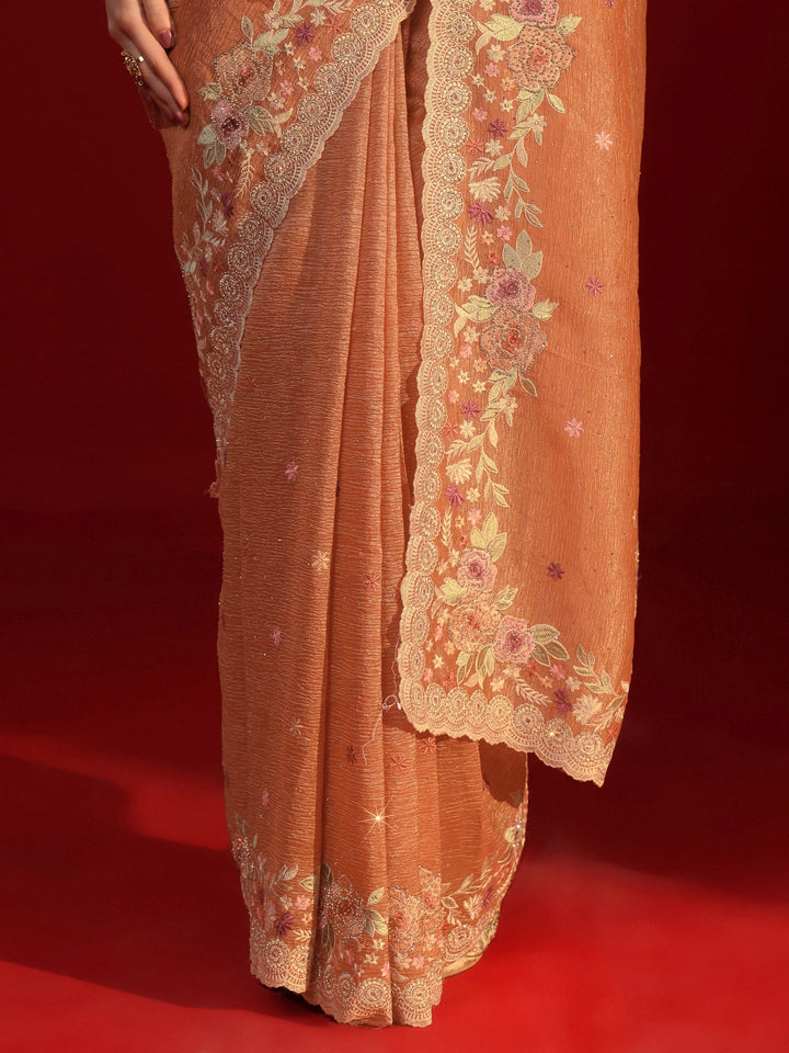 Libas Art Peach Floral Embroidered Tissue Saree