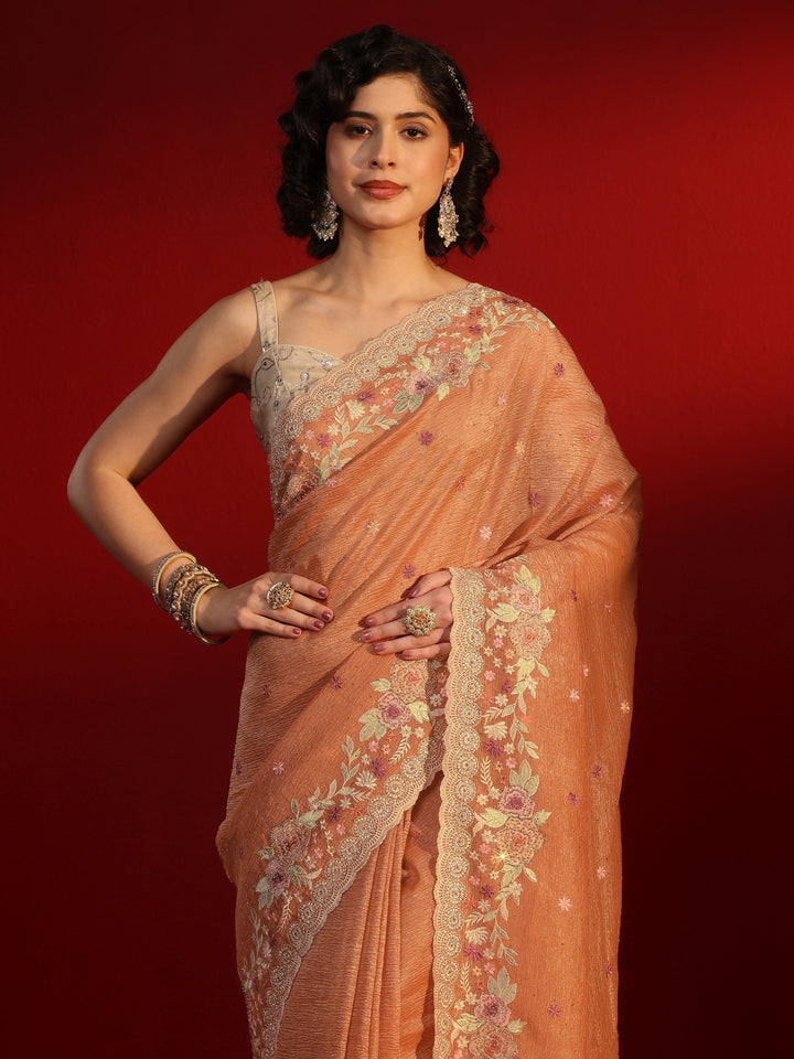 Libas Art Peach Floral Embroidered Tissue Saree