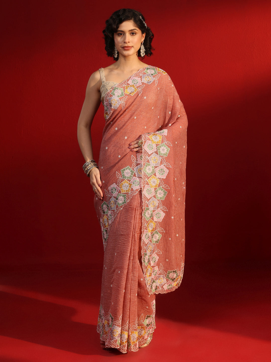 Libas Pink Floral Embroidered Tissue Saree