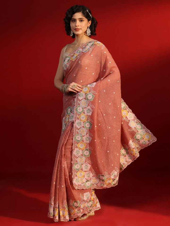 Libas Pink Floral Embroidered Tissue Saree