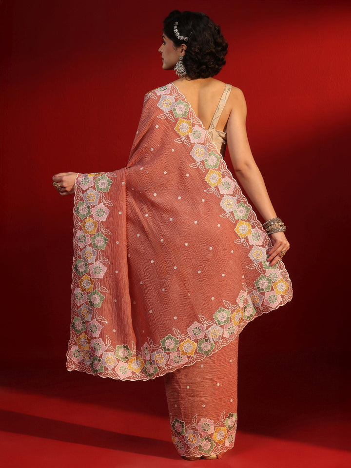 Libas Pink Floral Embroidered Tissue Saree