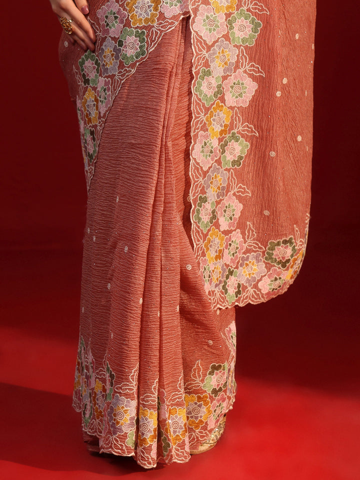 Libas Pink Floral Embroidered Tissue Saree