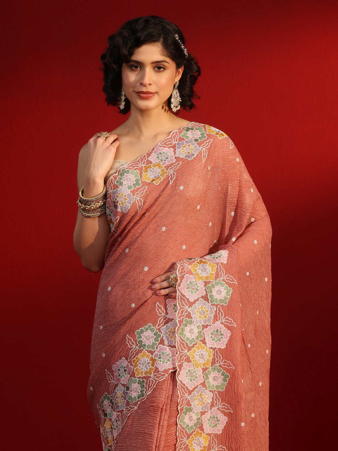 Libas Pink Floral Embroidered Tissue Saree