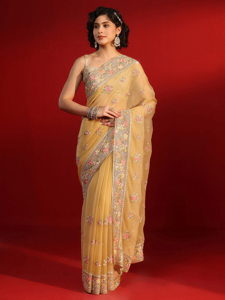 Libas Mustard Floral Embroidered Stone Work Organza Saree