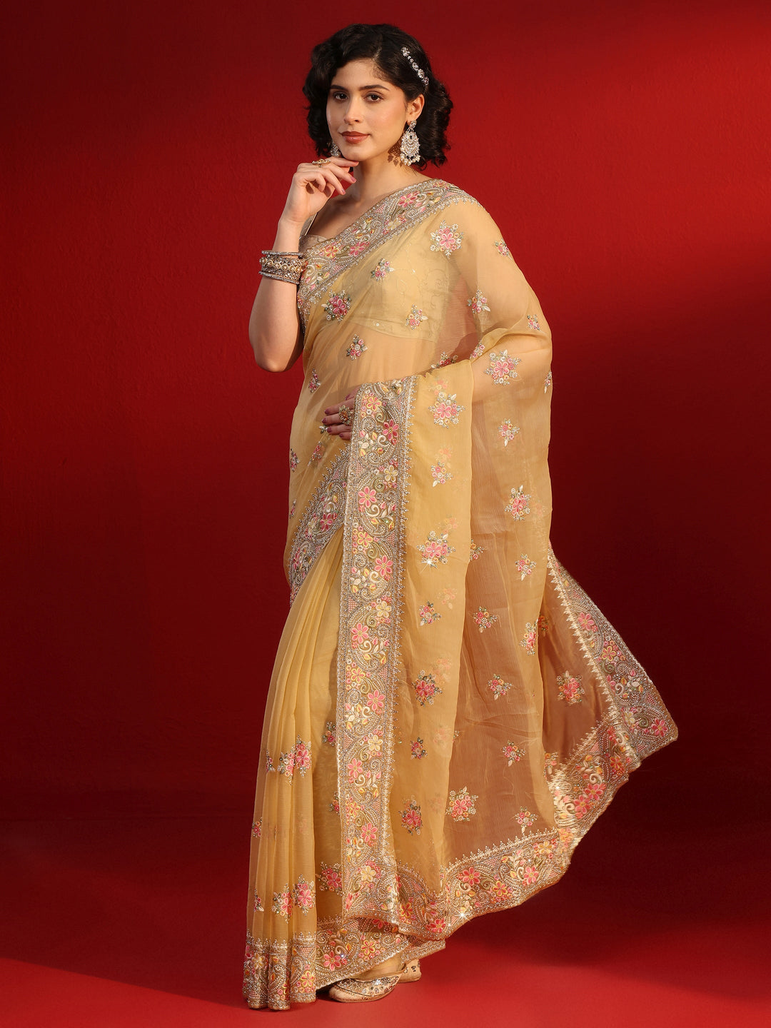 Libas Mustard Floral Embroidered Stone Work Organza Saree