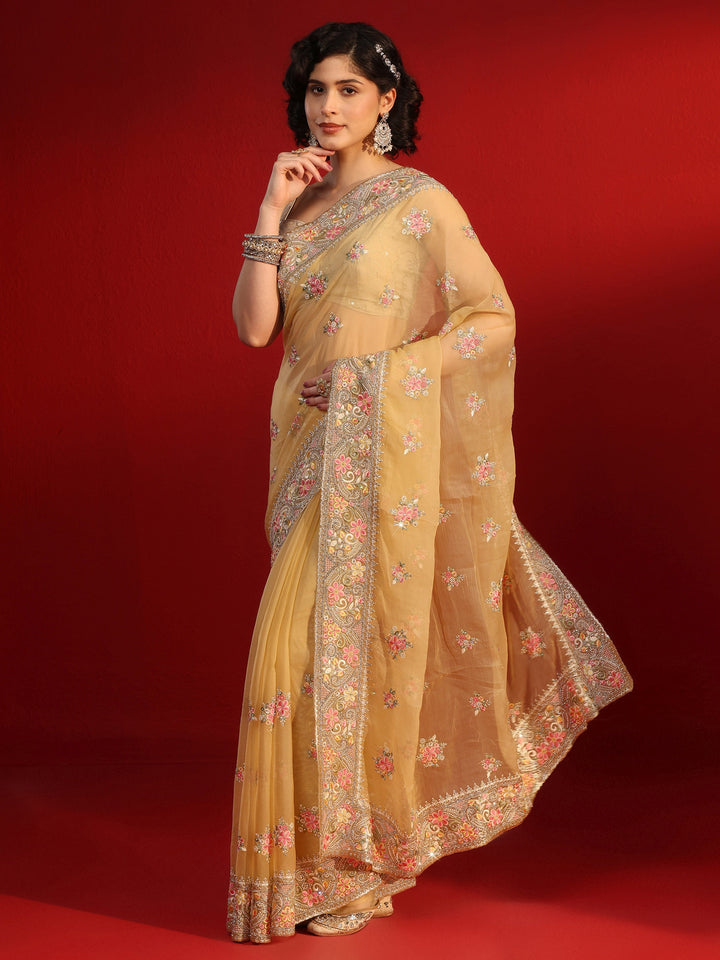 Libas Mustard Floral Embroidered Stone Work Organza Saree