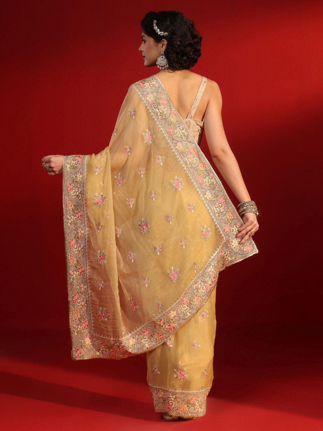 Libas Mustard Floral Embroidered Stone Work Organza Saree