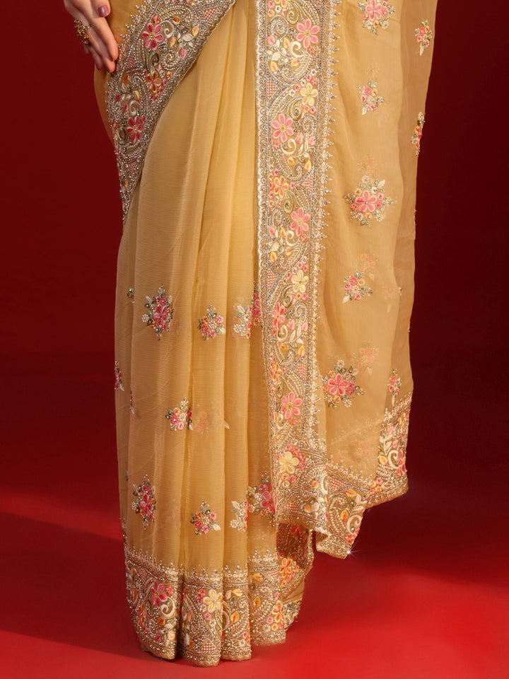 Libas Mustard Floral Embroidered Stone Work Organza Saree