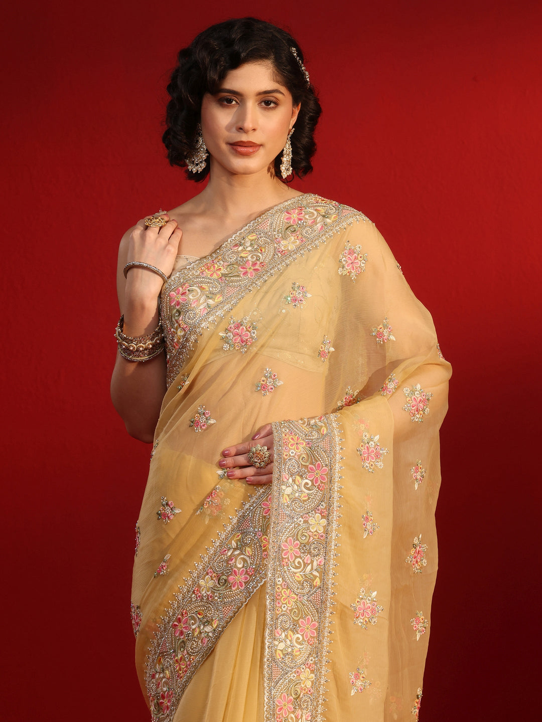 Libas Mustard Floral Embroidered Stone Work Organza Saree