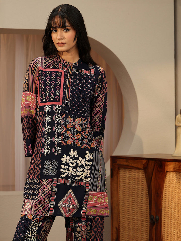 Navy Blue Multi Printed Rayon Co-Ord Set