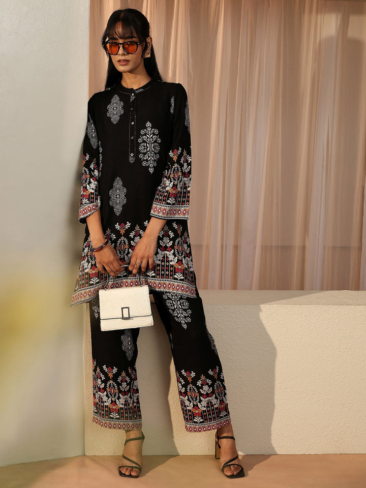 Black Floral Printed Rayon Co-Ord Set