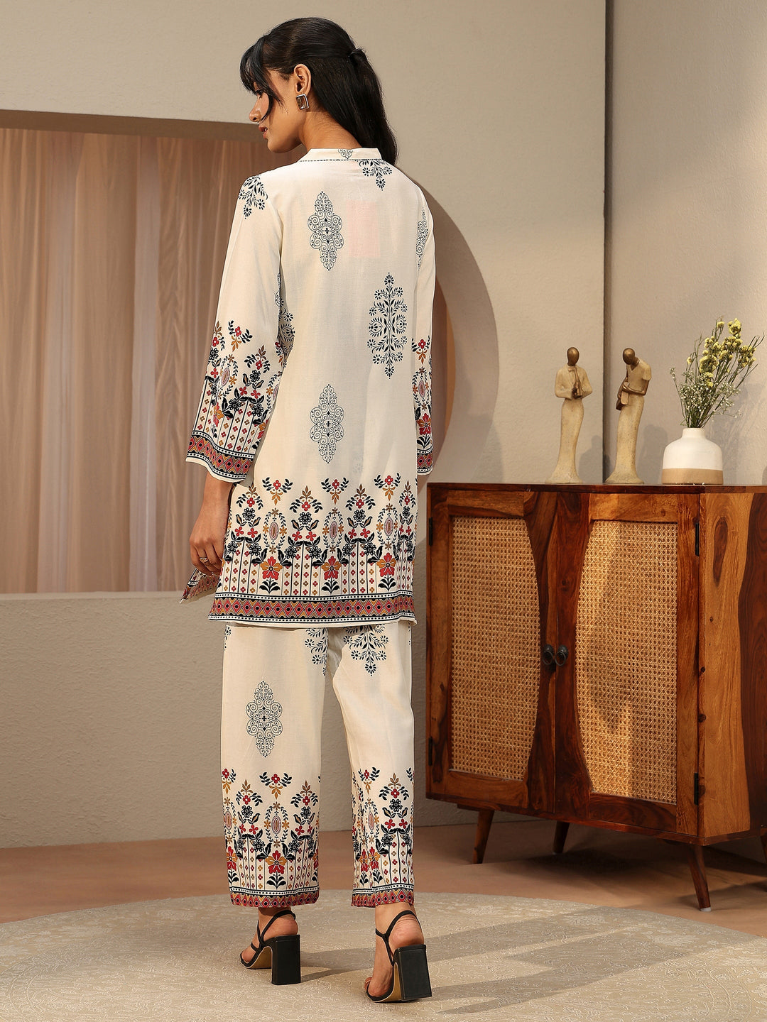 Off White Floral Printed Rayon Co-Ord Set