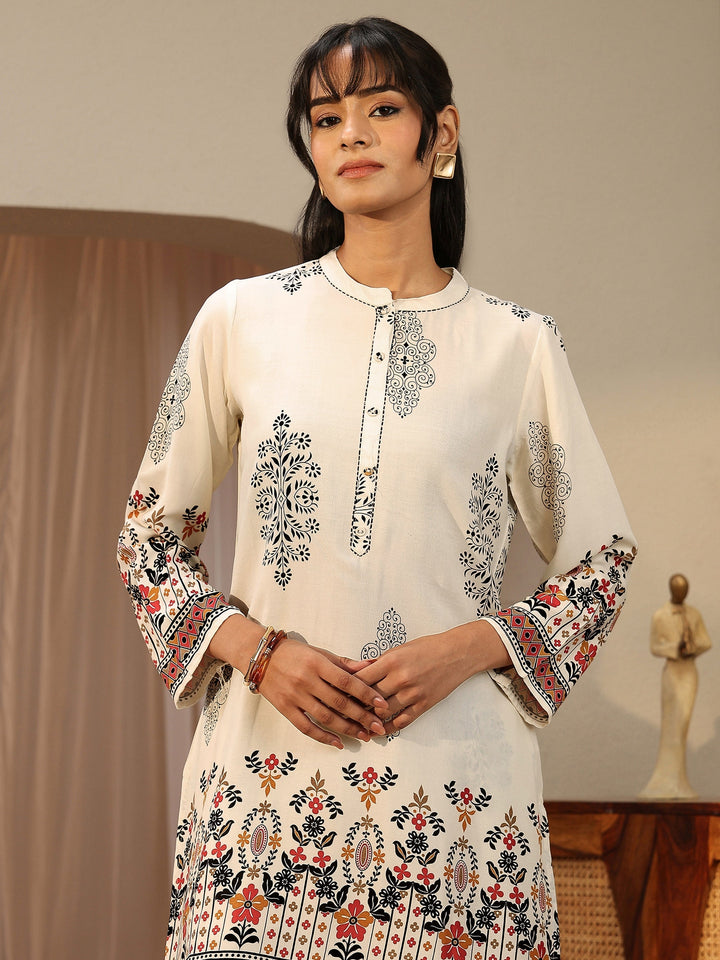 Off White Floral Printed Rayon Co-Ord Set