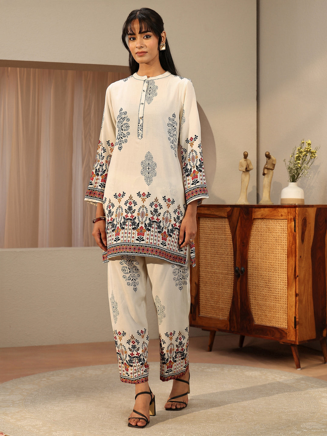 Off White Floral Printed Rayon Co-Ord Set