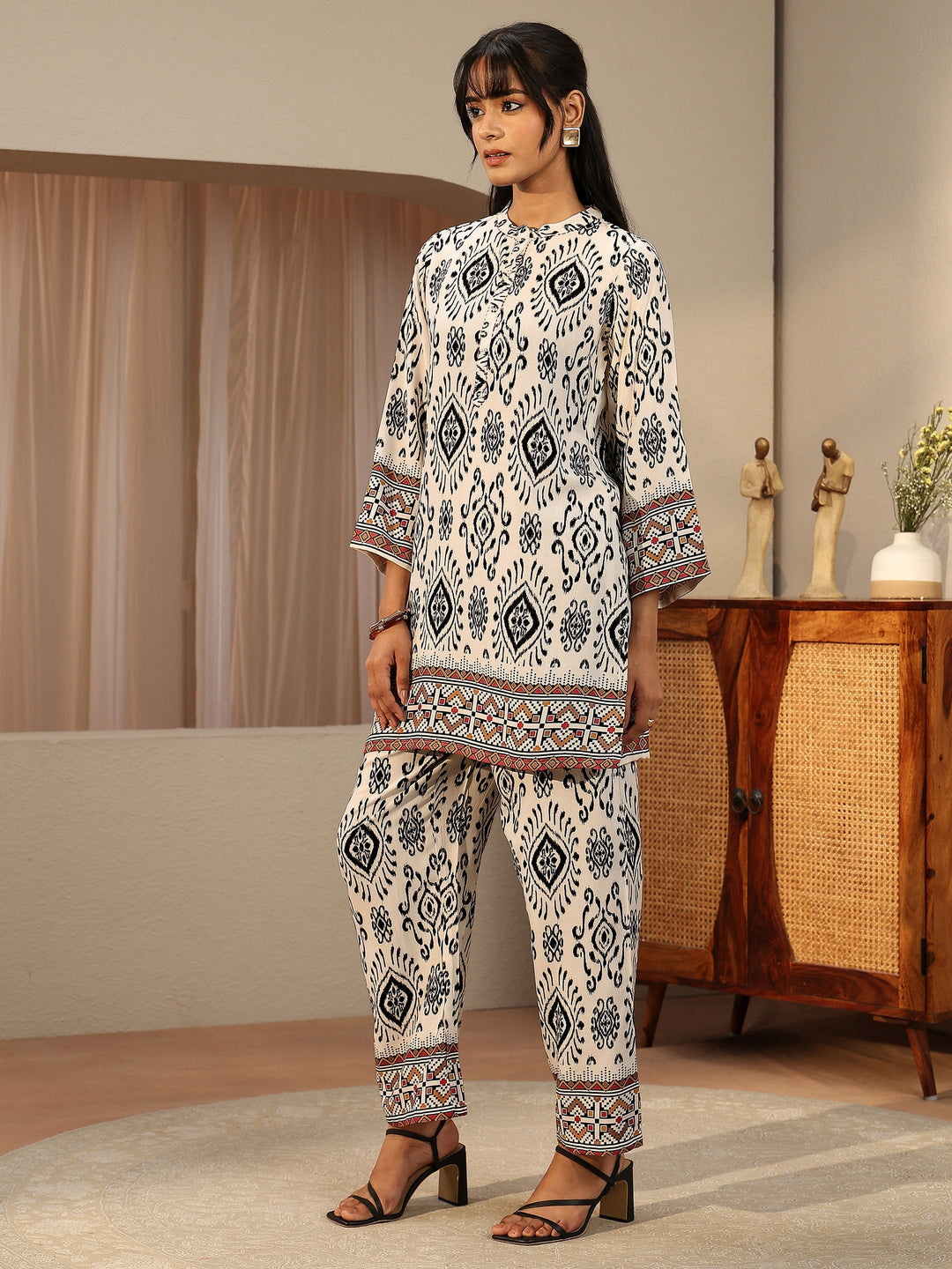 Off White Ethnic Printed Rayon Co-Ord Set