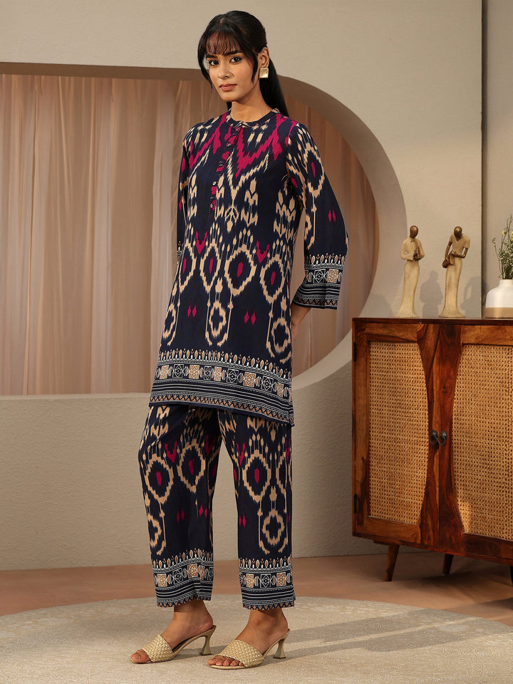 Navy Blue Ikat Printed Rayon Co-Ord Set