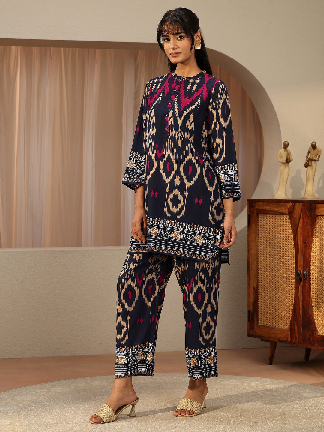 Navy Blue Ikat Printed Rayon Co-Ord Set