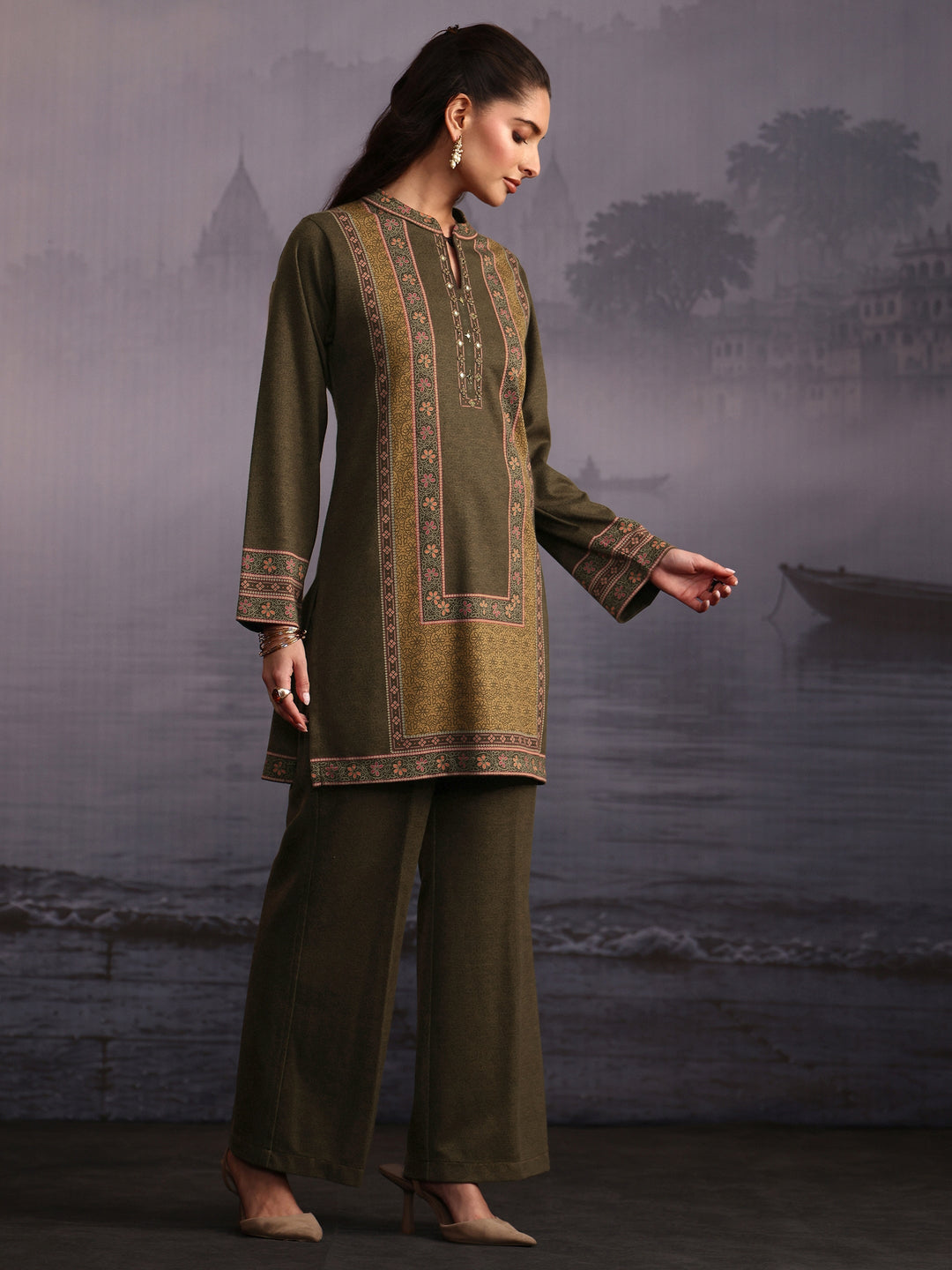 Libas Olive Green Floral Printed Woolen Co-Ord Set
