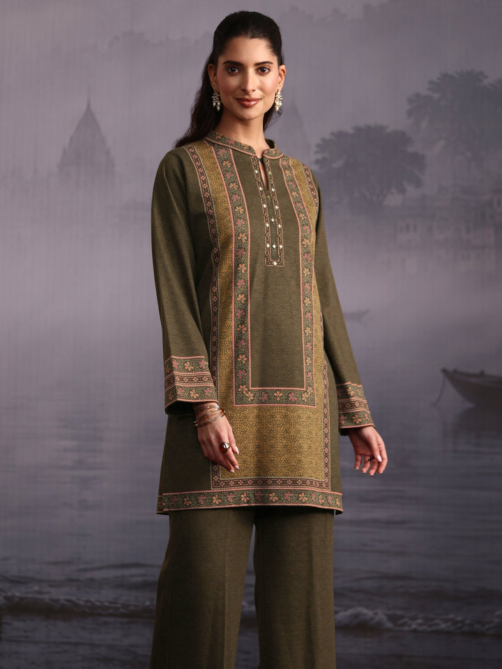 Libas Olive Green Floral Printed Woolen Co-Ord Set