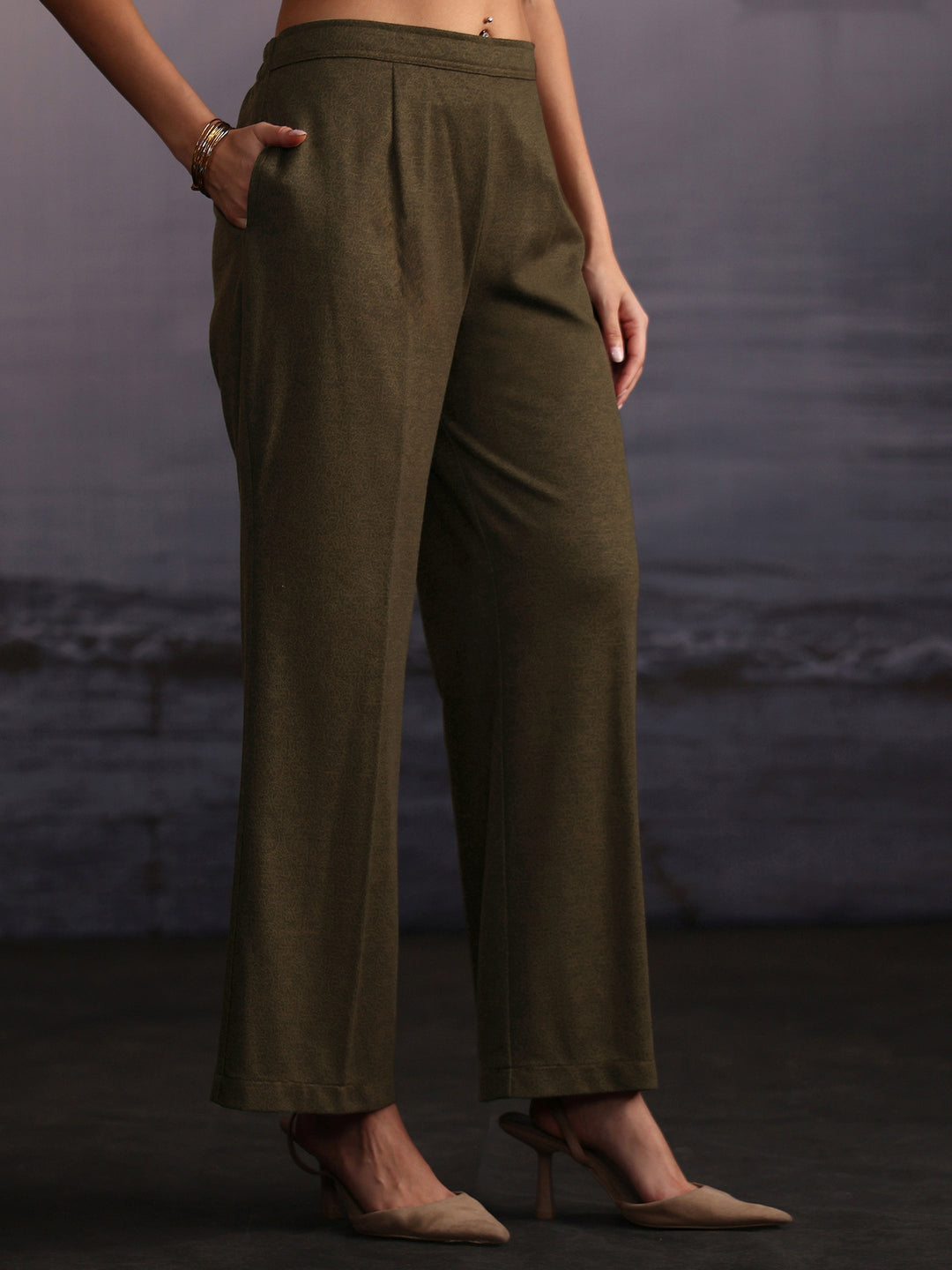 Libas Olive Green Floral Printed Woolen Co-Ord Set