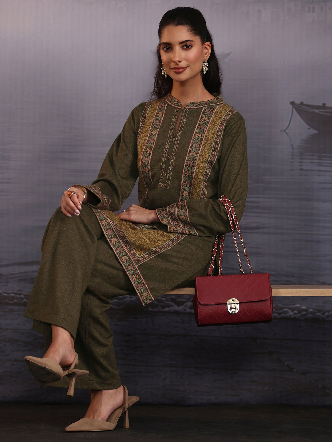 Libas Olive Green Floral Printed Woolen Co-Ord Set
