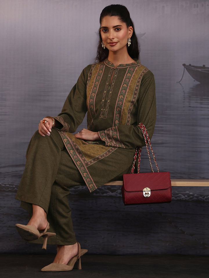 Libas Olive Green Floral Printed Woolen Co-Ord Set