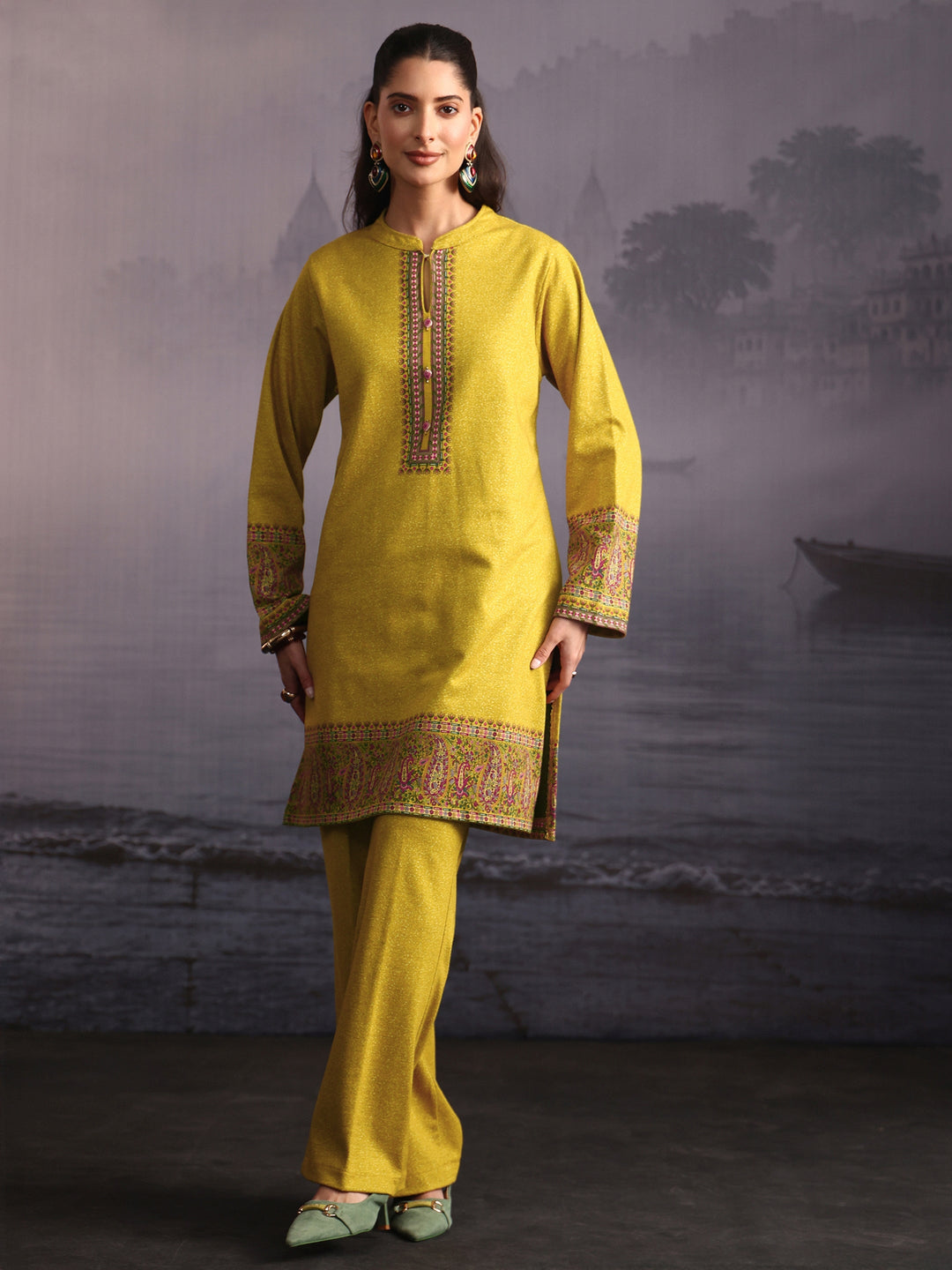 Libas Sunshine Yellow Paisley Printed Woolen Co-Ord Set