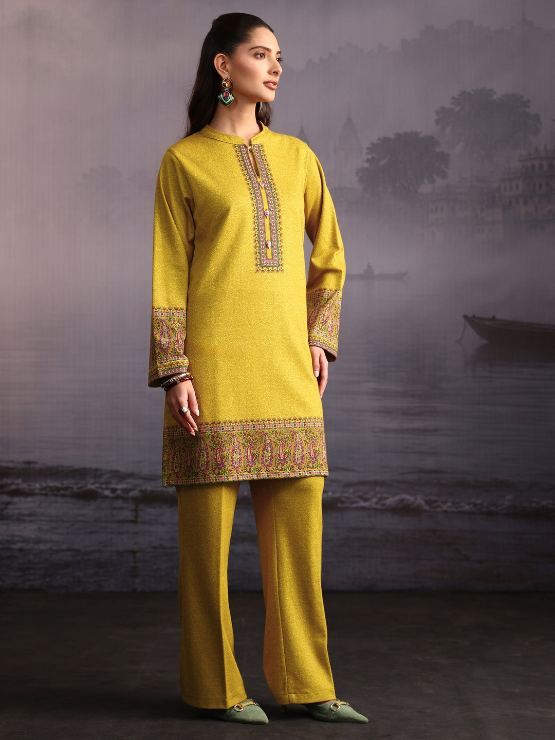 Libas Sunshine Yellow Paisley Printed Woolen Co-Ord Set