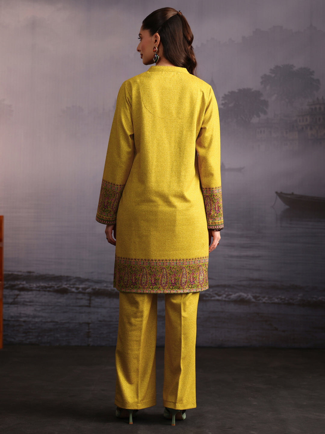 Libas Sunshine Yellow Paisley Printed Woolen Co-Ord Set