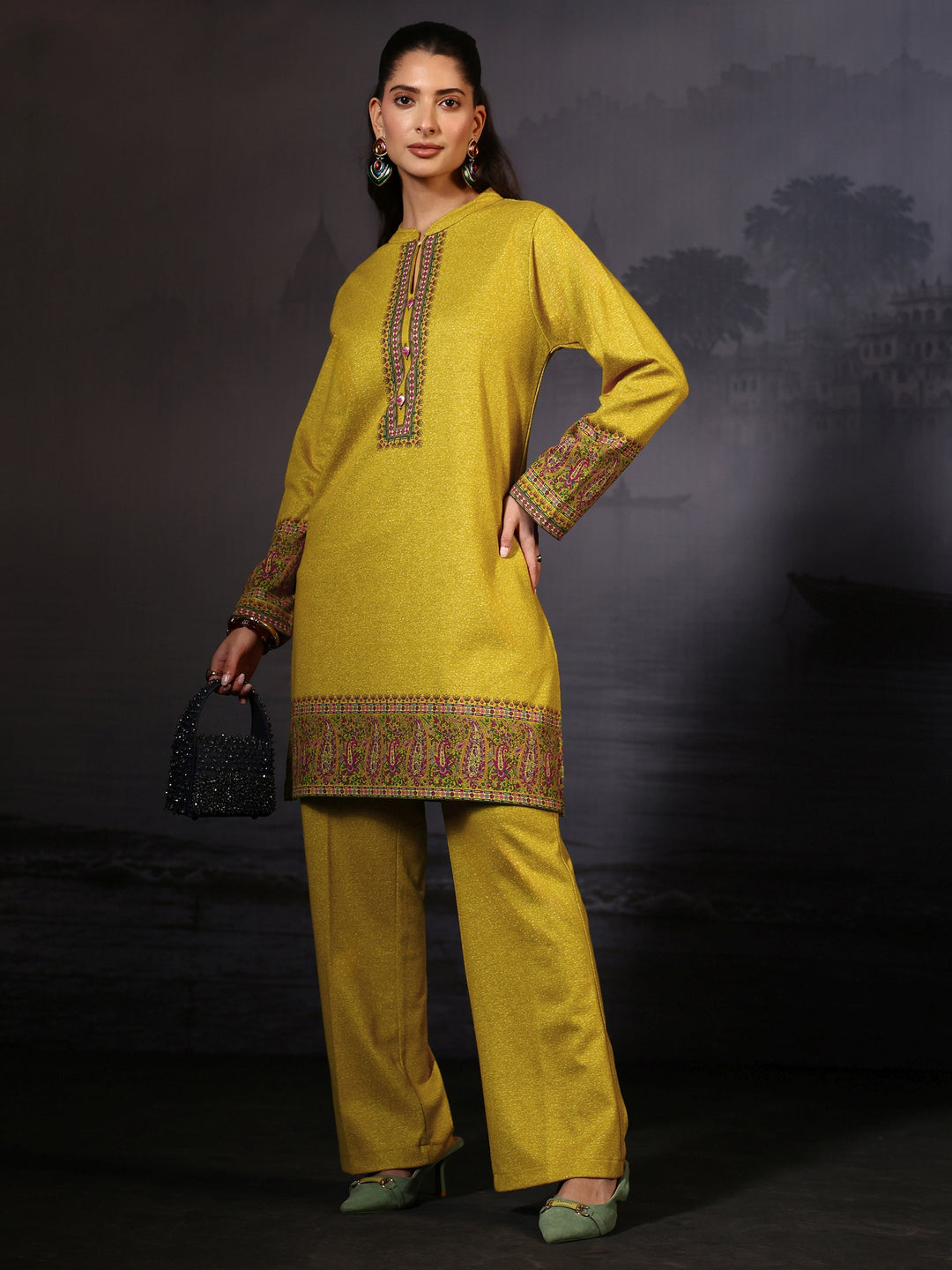 Libas Sunshine Yellow Paisley Printed Woolen Co-Ord Set