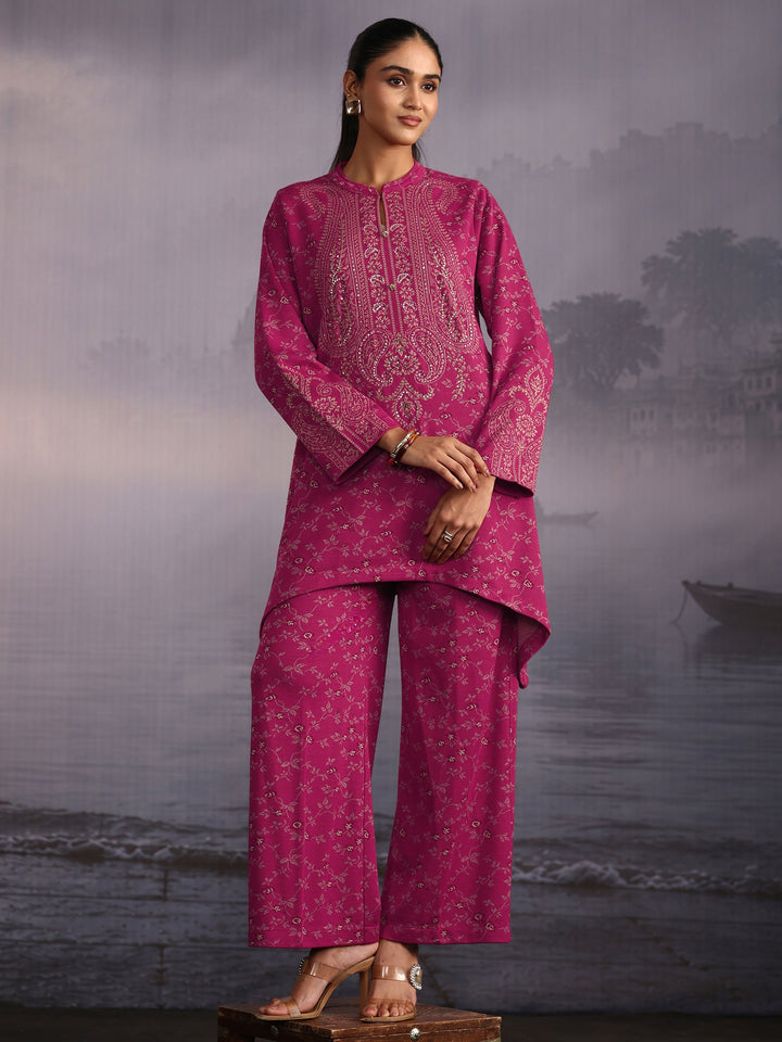 Libas Magenta Pink Floral Printed High Low Woolen Co-Ord Set