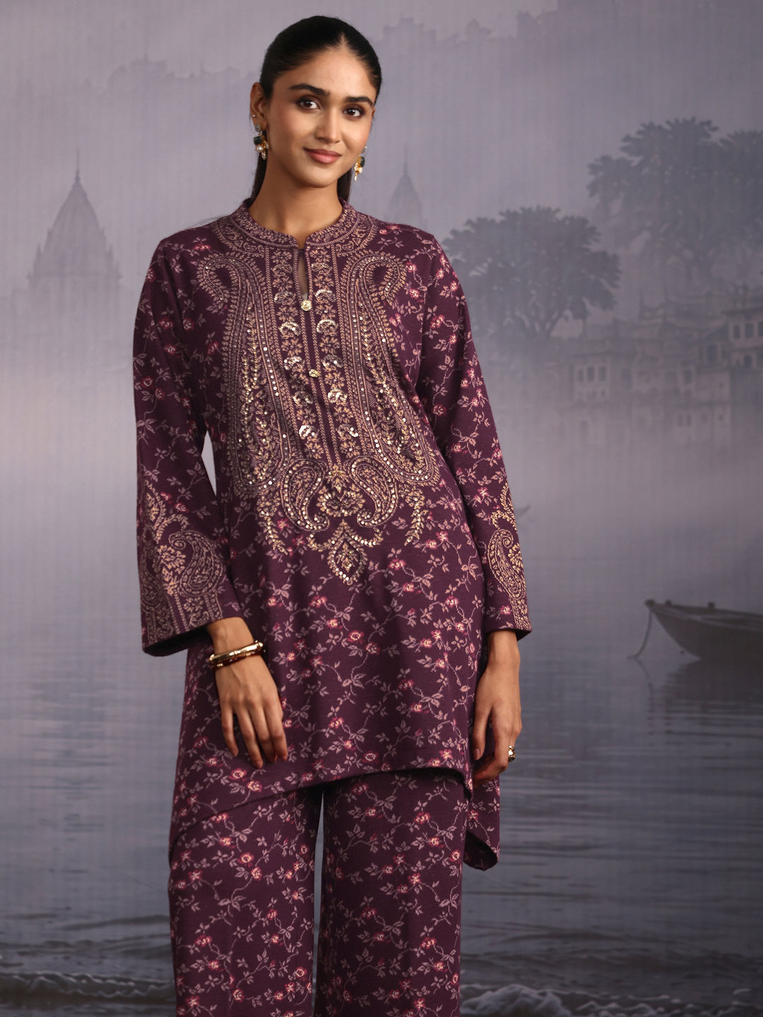 Libas Plum Purple Floral Printed High Low Woolen Co-Ord Set