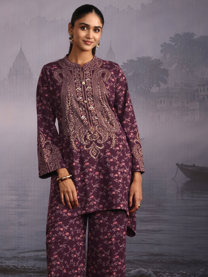 Libas Plum Purple Floral Printed High Low Woolen Co-Ord Set