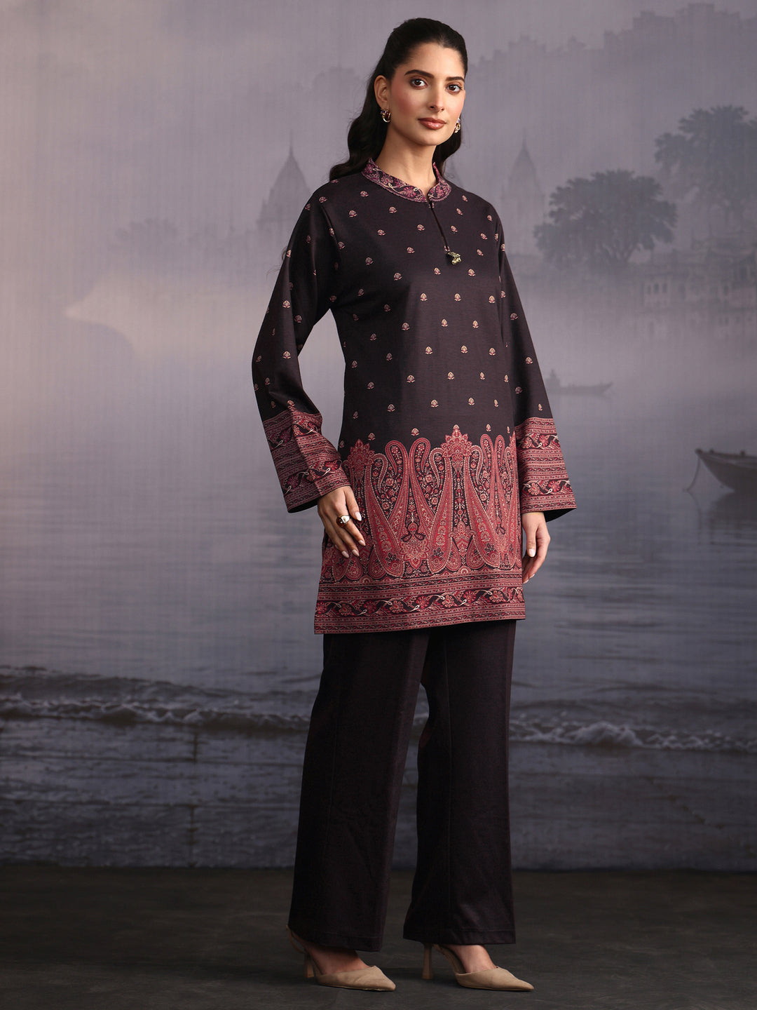 Libas Black Paisley Printed Woolen Co-Ord Set