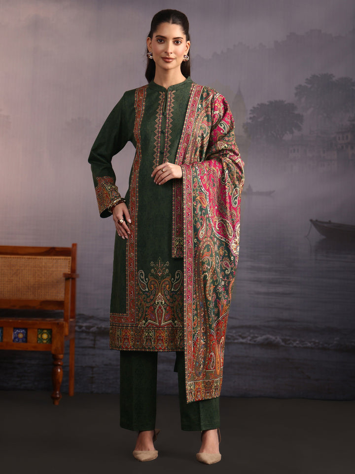 Libas Dark Green Paisley Printed Woolen Straight Suit Set