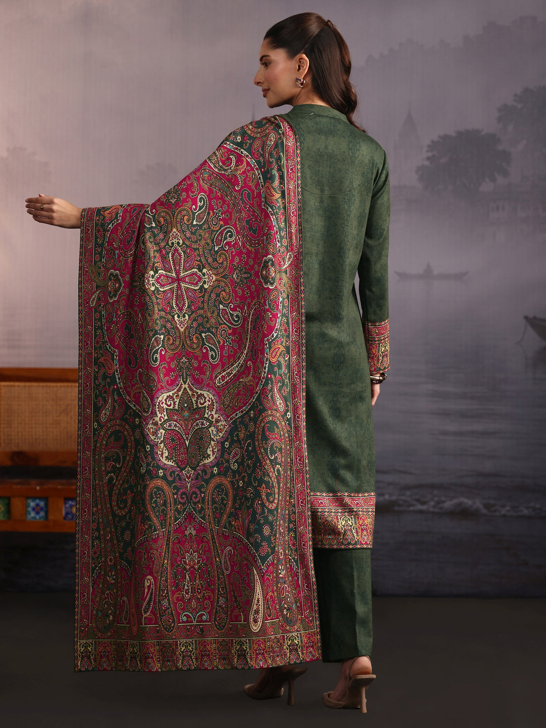 Libas Dark Green Paisley Printed Woolen Straight Suit Set