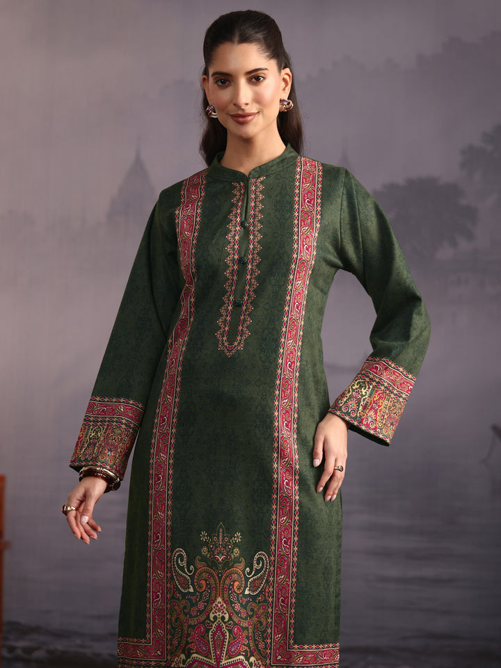 Libas Dark Green Paisley Printed Woolen Straight Suit Set