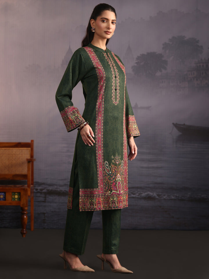 Libas Dark Green Paisley Printed Woolen Straight Suit Set
