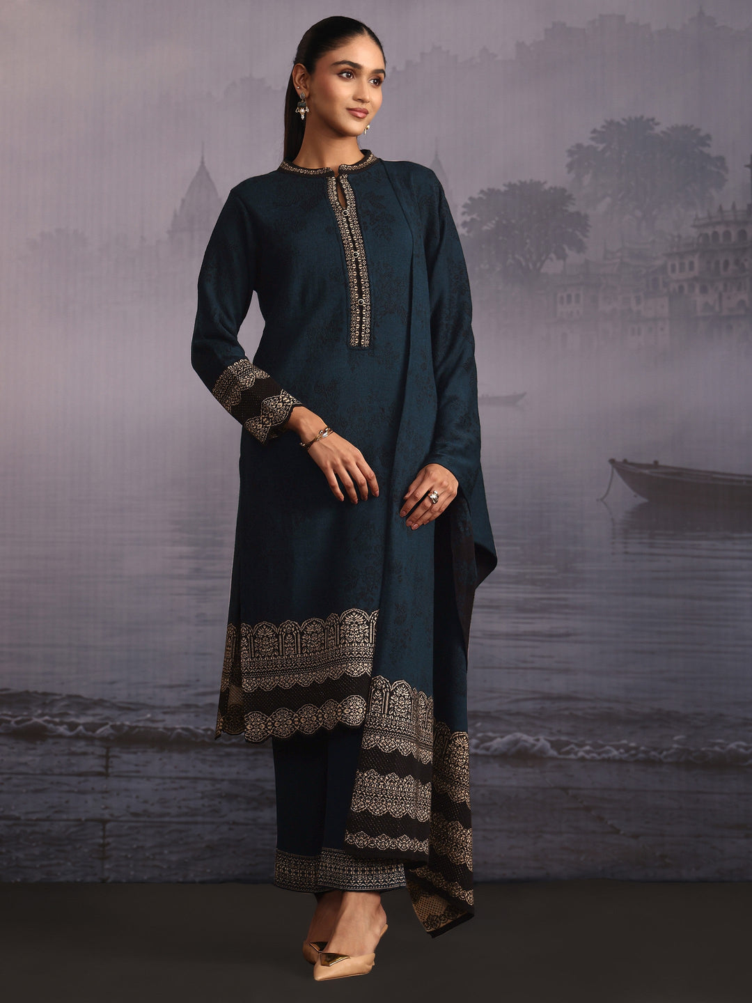 Libas Deep Teal Blue Floral Woven Design Woolen Straight Suit Set