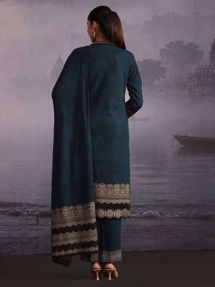 Libas Deep Teal Blue Floral Woven Design Woolen Straight Suit Set