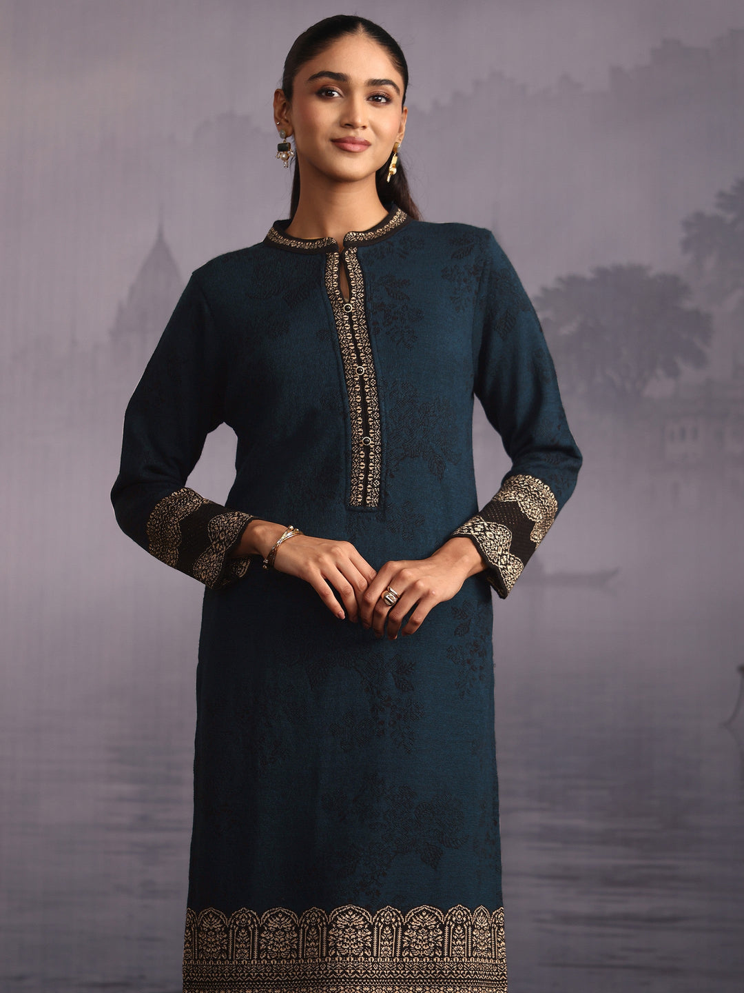 Libas Deep Teal Blue Floral Woven Design Woolen Straight Suit Set