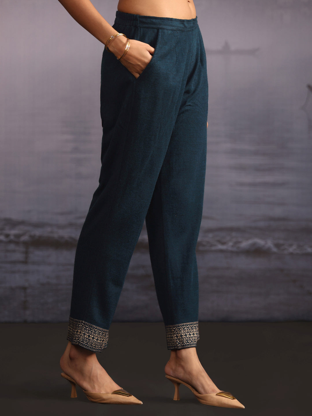 Libas Deep Teal Blue Floral Woven Design Woolen Straight Suit Set
