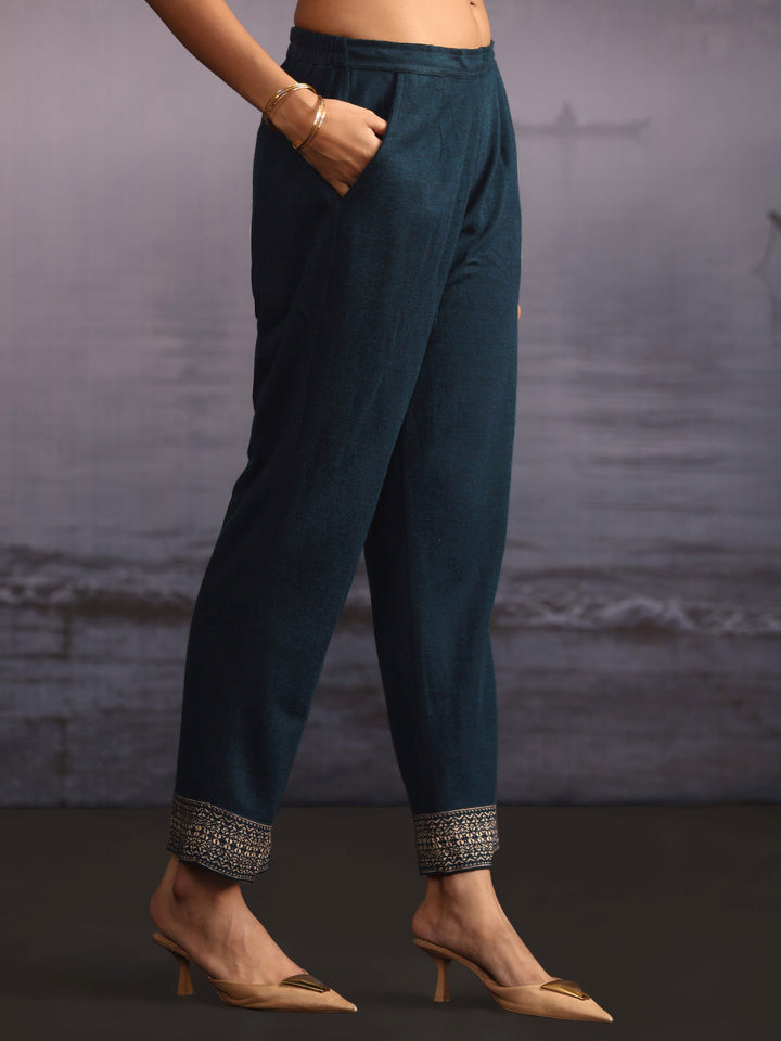 Libas Deep Teal Blue Floral Woven Design Woolen Straight Suit Set