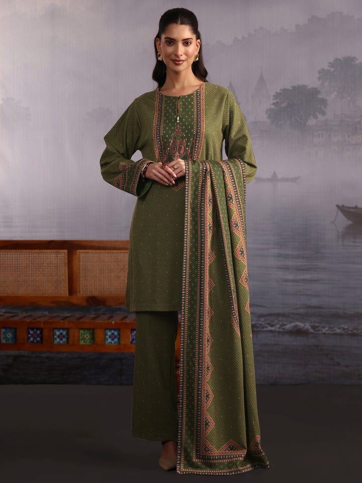 Libas Olive Green Bandhani Printed Woolen Straight Suit Set