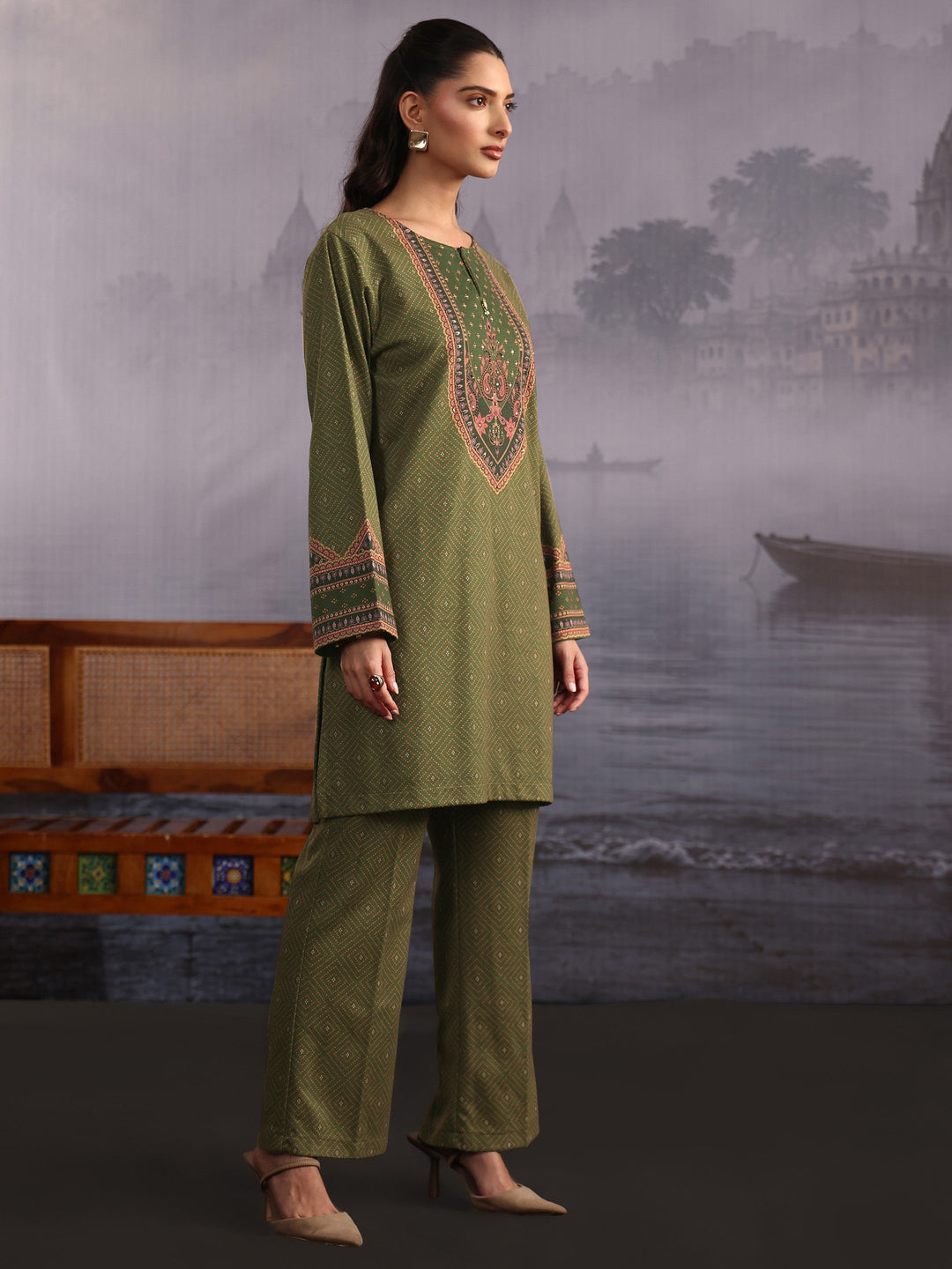 Libas Olive Green Bandhani Printed Woolen Straight Suit Set