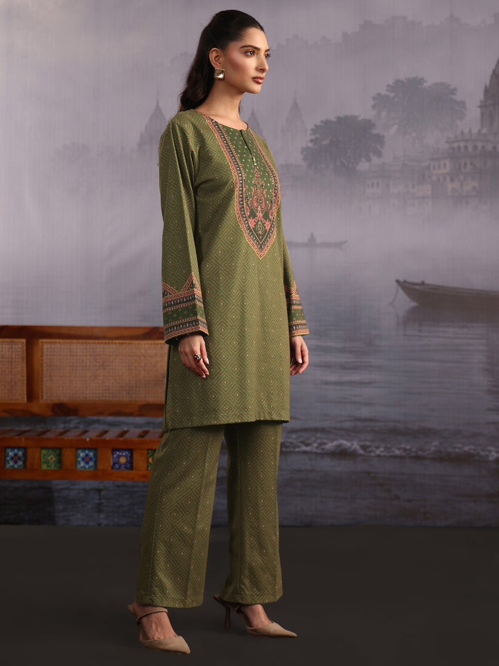 Libas Olive Green Bandhani Printed Woolen Straight Suit Set