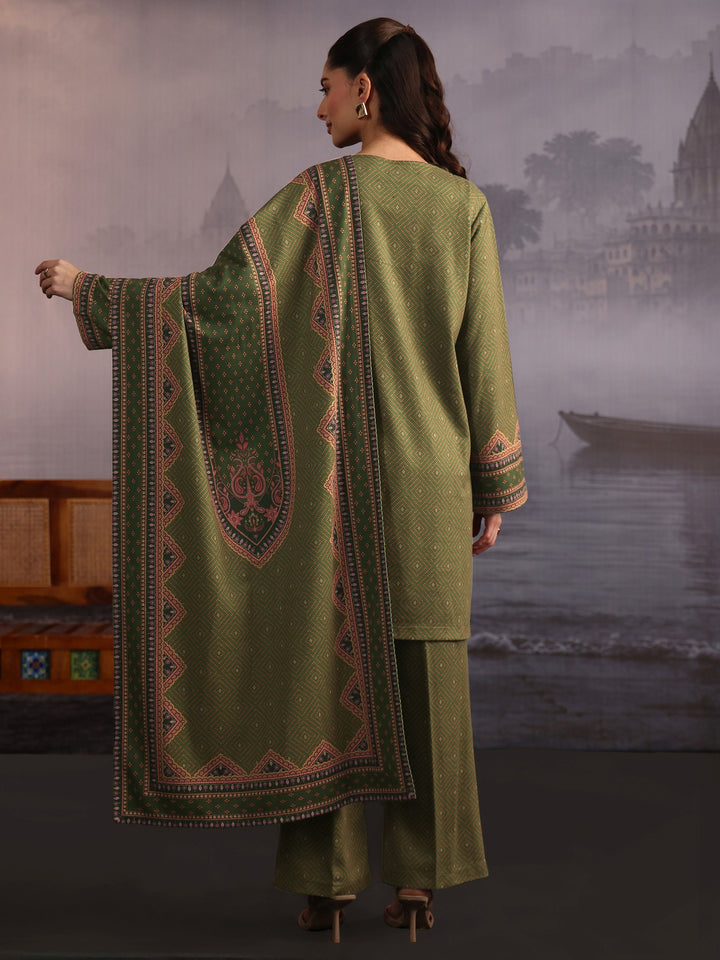 Libas Olive Green Bandhani Printed Woolen Straight Suit Set